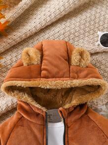 Baby Boy Cute Ear Hooded Zipper Winter Coat, Warm & Casual For Autumn/Winter Outings Or Home Wear, Fashion