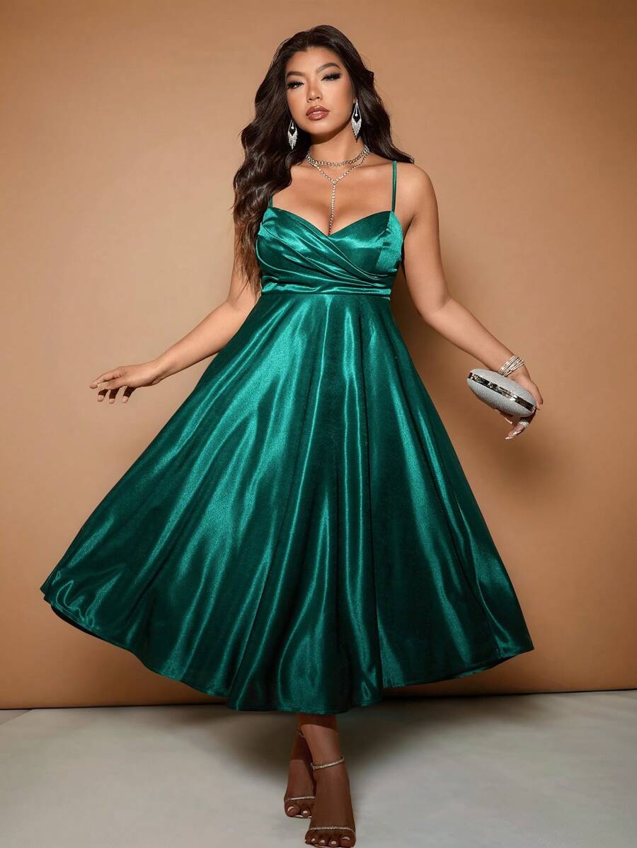 Cravure Đầm dự tiệc viền bèo satin thanh lịch cỡ lớn cho nữ - Màu xanh lá cây đậm - Xem 1