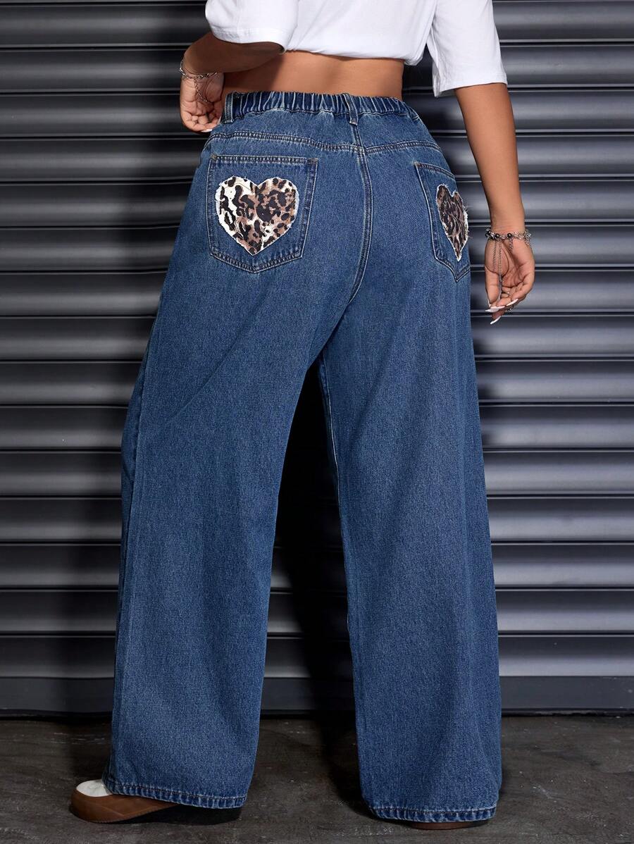SHEIN ICON Plus Size Leopard Print Heart Patch Wide-Leg Jeans