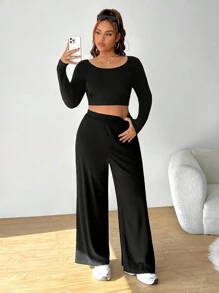 SHEIN EZwear Plus Size Women Basic Homewear Casual 2 Pieces Set, Round Neck Long Sleeve Top & Pants