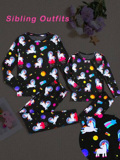 SHEIN Tween Girl Fluorescent Cartoon Unicorn & Star Pattern Crew Neck Long Sleeve Pants Comfortable Casual Sleepwear Pajamas Set, 2PCS (Sold Separately As Sibling/Matching Outfits)