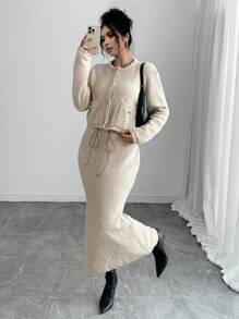 Calvaya Conjunto de 2 piezas de falda larga de unicolor con cordón y suéter de punto para mujer, otoño/invierno
