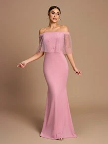 SHEIN Belle Vestido de mujer elegante y romántico con mangas estilo chal y hombros descubiertos, de punto elástico de color rosa claro, con decoración de perlas falsas, silueta de sirena, apropiado para bodas, fiestas y atuendo formal de dama de honor