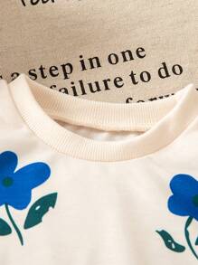 SHEIN Playful Pals 女婴花卉印花罗纹针织圆领运动衫和休闲紧身裤套装，舒适时尚，秋冬