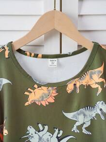 2pcs Teenager Boys Casual Loungewear Set - Dinosaur Print Olive Green Flame Retardant Milk Silk Long Pants & Long Sleeve Top