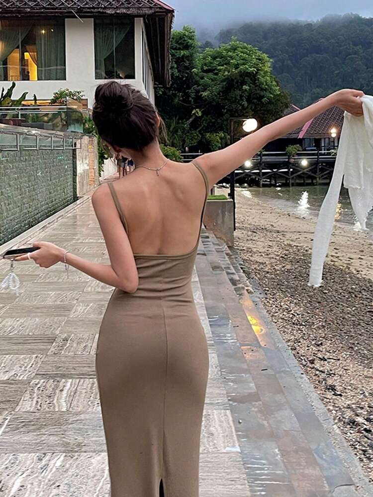 Women's Square Neck Spaghetti Strap Fitted High Slit Dress, Holiday Flower Vacation Beach, Spring/Summer Backless/ Open Back Sundress,Casual Women Dresses Cocktail Dress