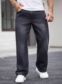 Manfinity Homme Men's Straight Leg Casual Washed Loose Fit Jeans With Pockets