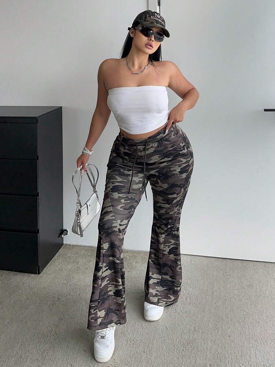 Flirla Plus Size Casual Camo Print Drawstring Waist Flared Pants - Army Green - View 1
