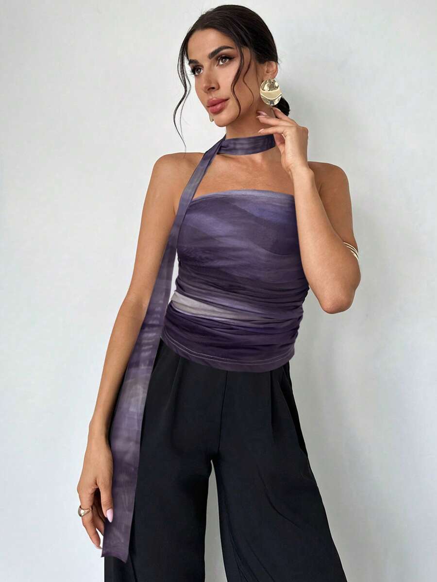 SHEIN Privé 女士优雅浪漫性感简约扎染印花褶皱露背上衣