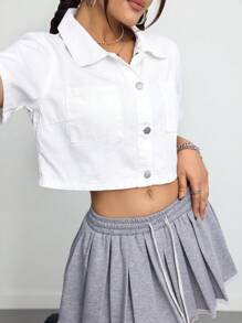 SHEIN ICON Women Casual Solid Color Short Sleeve Cropped Denim Top - White - View 5