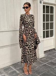 Chiquease 豹纹荷叶边袖开叉连衣裙，优雅派对长款女装