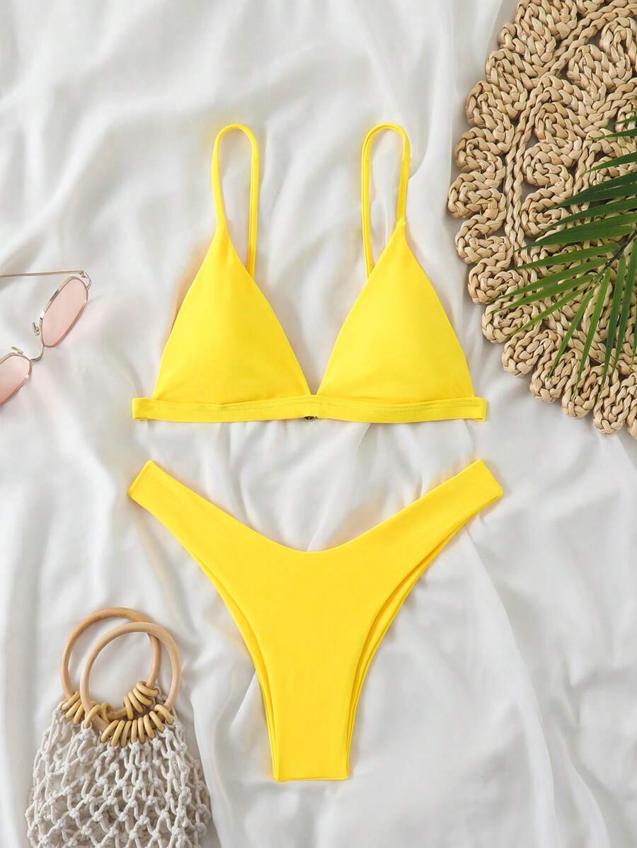 Swim Mod Summer Beach Plain Triangle High Cut Bikini Set - Yellow - View 1