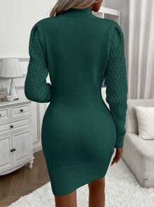 SHEIN LUNE Cable Knit Mock Neck Sweater Dress Fall Winter Cloth For Women - Green - View 2