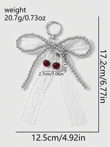 ROMWE Goth 1 件 Y2K 精致甜美时尚百搭高品质手工串珠银 CCB 白色蕾丝蝴蝶结仿樱桃吊坠钥匙扣包饰，适合女性女孩日常穿着和节日礼物 - 白色 - 查看 8