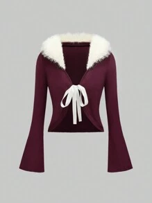 ROMWE Kawaii Chaqueta corta de punto con cuello con parches estilo lindo y navideño para mujer