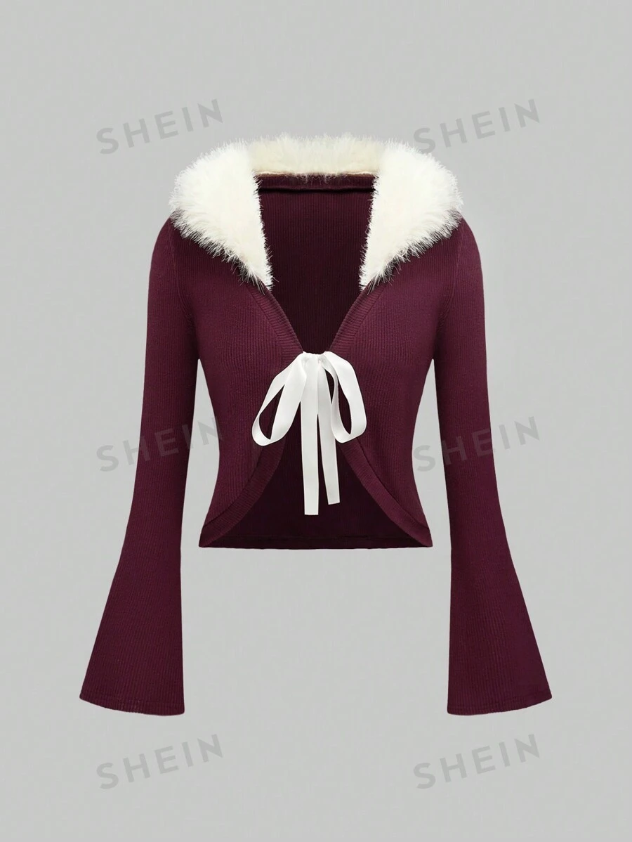 ROMWE Kawaii Chaqueta corta de punto con cuello con parches estilo lindo y navideño para mujer