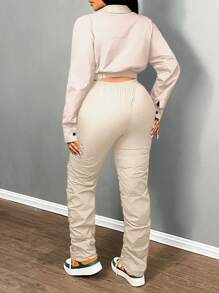 Slaydiva 女士 2 件套前扣长袖纯色上衣和裤子休闲装