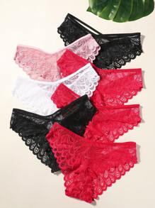 7pcs/Set Women Elegant Solid Color Lace Trim Bikini Panties