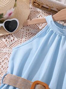 Tween Girl Solid Sleeveless Halter Neck Dress - Baby Blue - View 5