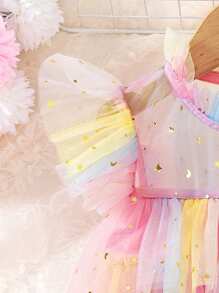SHEIN Glamorique Kids 年轻女孩奢华荷叶边领分层闪亮亮片网眼芭蕾舞裙，适合夏季派对和度假儿童彩虹裙儿童柔和色裙儿童彩虹裙柔和色裙年轻女孩 - 彩色 - 查看 4