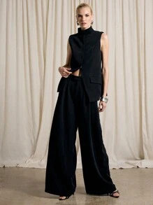 AiiRZ High Neck Sleeveless Blazer And Wide Leg Trouser Suit - Black - View 3