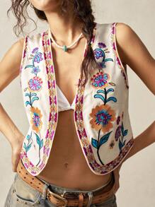 Bohemela Women's Floral Embroidered Casual Sleeveless Jacket, Suitable For Vacation