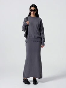 SHEIN EZwear Casual Split Back Drop Shoulder Pullover Sweater + Long Knit Skirt Set - Dark Grey - View 3