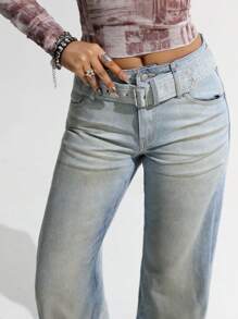 SHEIN ICON Women's Simplicity Front Button Pocket With Belt Casual Denim Jeans, For Daily Wear Grunge Washed Distressed - Light Wash - View 5