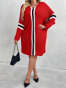 SHEIN CURVE+ فستان كاجوال بتصميم كم الخفاش مع ياقة مستديرة وخطوط، للنساء مقاسات كبيرة، موسم الخريف/الشتاء