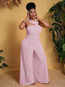 Slaydiva Plus Size Vacation Casual Solid Color Asymmetric Neck Wide Leg Jumpsuit - Purple - View 3