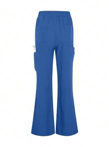 TaskEZ 2pcs Women Healthcare Uniform - Solid Color V-Neck Blouse & Slit Long Pants, Scrub Sets - Blue - View 3