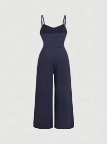 SHEIN MOD Plus Size Women Solid Color Plunge Neck Waist Splicing Lace Wide Leg Elegant Jumpsuit - Navy Blue - View 2