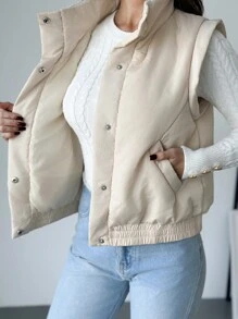 Firerie Áo vest cổ đứng có khóa kéo ấm áp thường ngày dành cho nữ, mùa thu/đông - Màu be - Xem 8