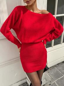 Chiquease Nouvelle robe pull près du corps cintrée à la taille, col rond, couleur unie, sexy, pour le Nouvel An - Rouge - Voir 8