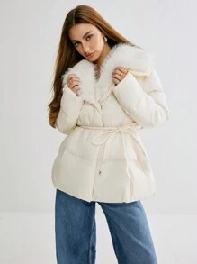 Enchnt 女士冬季白大衣，长袖蓬松领带补丁蓬松厚外套，秋季女装，女士冬季外套，感恩节 - 奶油色 - 查看 6