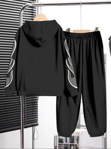 SHEIN Bộ áo nỉ trùm đầu mềm mại rộng rãi với họa tiết ngọn lửa thời trang Rich Soon, phù hợp cho bé trai tuổi teen, mùa thu/đông - Nhiều màu - Xem 4