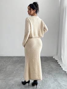 Calvaya Conjunto de 2 piezas de falda larga de unicolor con cordón y suéter de punto para mujer, otoño/invierno