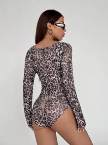 Flirla Women's Leopard Print V-Neck Crossed Draped Ruched Sexy Bodysuit With Long Sleeves