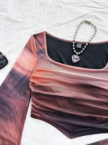 Soleia Casual Vacation Knit Mesh Tie-Dye Tie Dye Print Square Neck Long Flare Sleeve Slim Cute T-Shirt