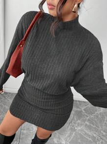 SHEIN Frenchy Women Plus Size High Neck Fitted Textured Fabric Sweater - Grey - View 4