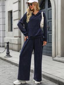INAWLY 2pcs Women Knitted Casual Suit, Thick, Navy Blue, Suitable For Autumn & Winter