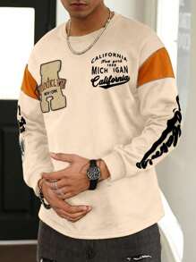 Manfinity Campus Court Camiseta de manga larga de cuello redondo con gráfico de letras casual para hombres, otoño