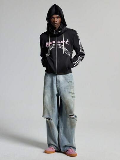 NEON BLANC 男士立领空气刺绣字母针织拉链棒球运动衫，外出字母说唱歌手全拉链长袖连帽衫，适合朋友、丈夫、男朋友的礼物，适合秋冬