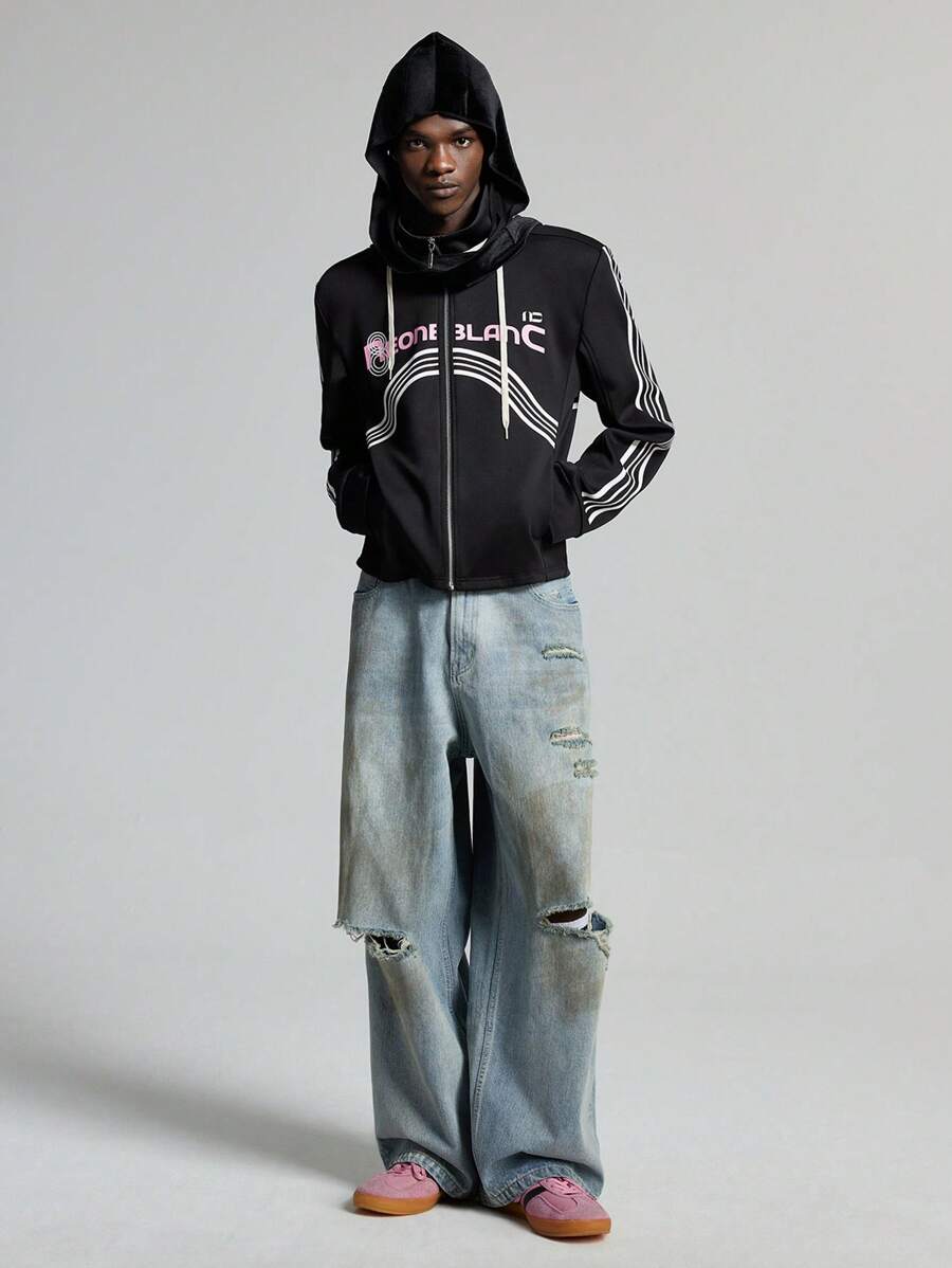 NEON BLANC Sudadera de béisbol con cremallera y bordado de letra de aire en el cuello alto, sudadera con capucha de manga larga con cremallera completa y letra para salir, para regalos de amigos, esposo, novio, para otoño e invierno - Negro - Ver 1