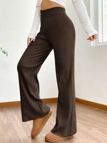 SHEIN EZwear High Waist Flare Leg Khaki Knit Pants - Coffee Brown - View 4