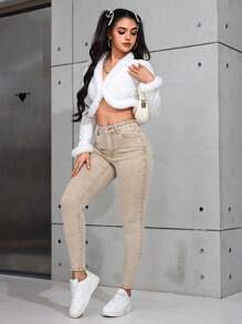 SHEIN PETITE 女式时尚休闲百搭紧身牛仔裤 - 卡其色 - 查看 3