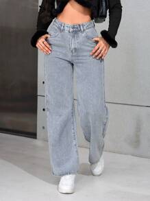 SHEIN PETITE Plain Pocket Casual Versatile Straight-Leg Jeans