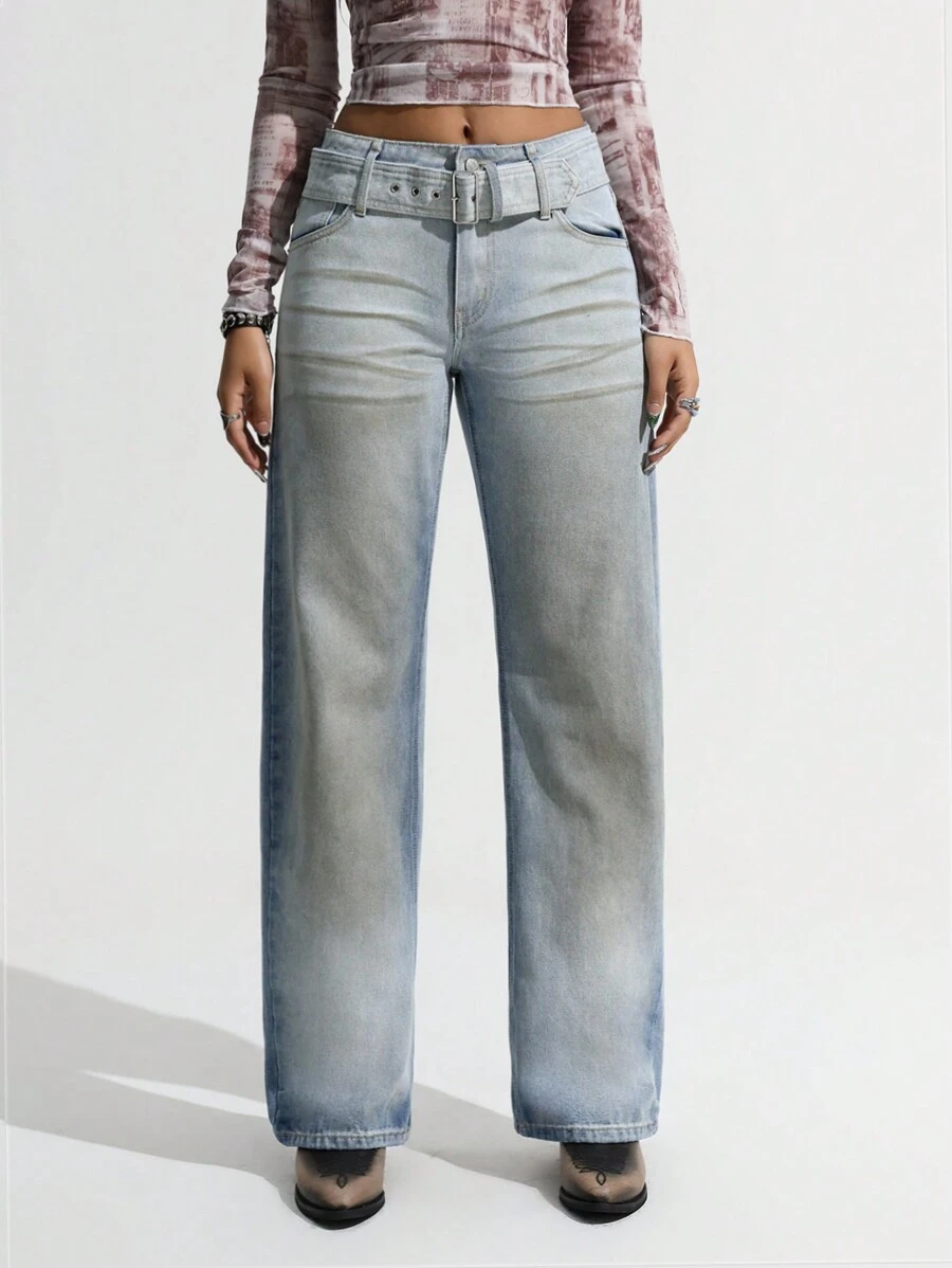 SHEIN ICON Women's Simplicity Front Button Pocket With Belt Casual Denim Jeans, For Daily Wear Grunge Washed Distressed - Light Wash - View 1