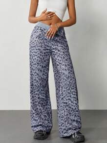 SHEIN EZwear Women's Vintage Leopard Y2K Casual Pu Trousers For Back To School