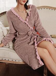 Ruffle Trim Plush Casual Women's Winter Robe - Mauve Purple - View 4
